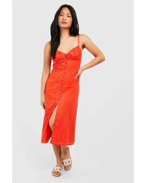 Boohoo Petite Broderie Button Detail Midi Dress - Red