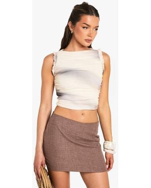 Boohoo Mesh Marble Print Ruched Frill Shoulder Crop Top - Multicolor