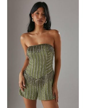 Warehouse Hand Embellished Sequin Fringe Stud Bandeau Romper - Green