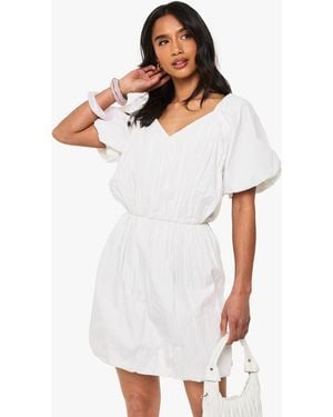Boohoo Petite V Neck Extreme Puff Sleeve Mini Skater Dress - White
