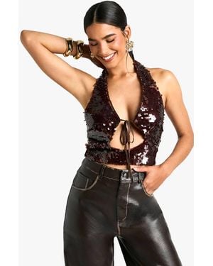 Boohoo Sequin Halterneck Tie Front Crop Top - Black