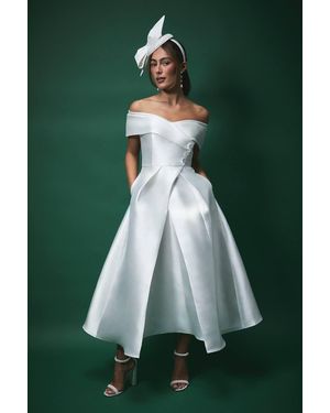 Coast Lisa Tan Twill Bardot Waisted Midi Wedding Dress - Green