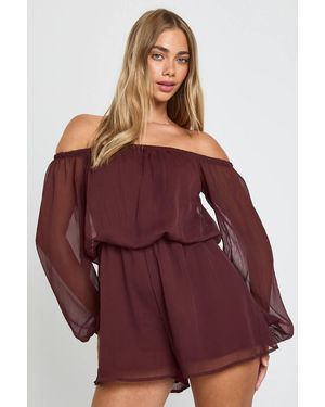 Boohoo Chiffon Bardot Sleeve Aymmstric Romper - Red