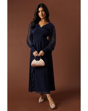 Oasis Plain Ruffle Detail Shirred Waist Midaxi Dress - Blue