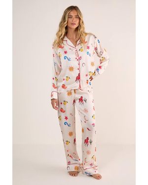 Nasty Gal Satin Western Conversational Contrast Piped Pajama Pants Set - Pink