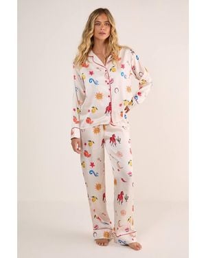 Nasty Gal Satin Western Conversational Contrast Piped Pajama Pants Set - Pink