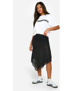 Boohoo Mesh Ruched Waistband Hanky Hem Midi Skirt - Black