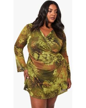 Boohoo Plus Floral Mesh Wrap Mini Dress - Yellow