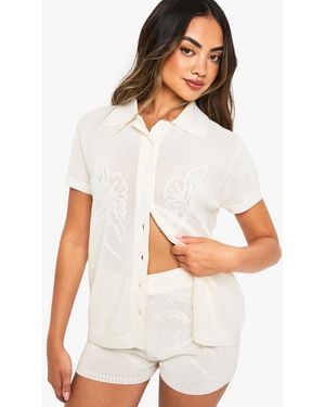 Boohoo Pantalón Corto De Croché Y Punto Con Estampado De Flores - Blanco