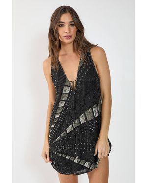 Nasty Gal Hand Embellished Paneled Tie Front Plunge Sequin Mini Dress - Black