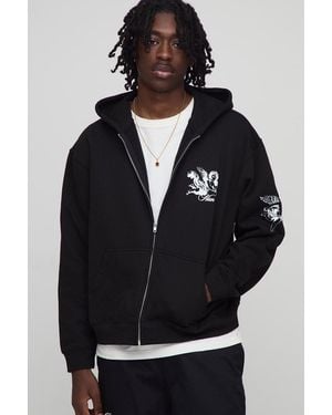 Boohoo Oversized Boxy Zip Through Cherub Printed Hoodie - Black
