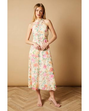 Oasis Occasion Floral Halterneck Jacquard Midi Dress - Natural