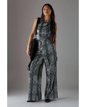Warehouse Petite Snake Sequin Cowl Neck Drop Waist Jumpsuit - Gray