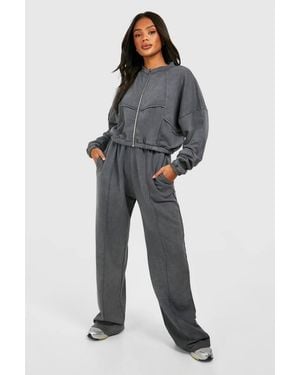 Boohoo Acid Wash Seam Detail Crop Zip Through Bomber Tracksuit - Gray