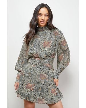 Oasis Volume Shoulder Western Mini Dress - Gray