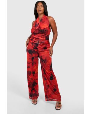 Boohoo Plus Halter Neck Wide Leg Jumpsuit - Red