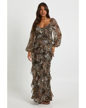 Boohoo Leopard Chiffon Ruffle Maxi Dress - Brown