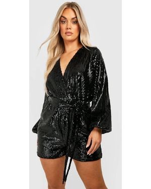 Boohoo Plus Velvet Sequin Tie Waist Playsuit - Black