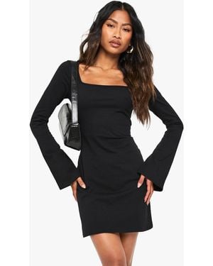 Boohoo Cotton Square Neck A- Line Mini Dress - Black