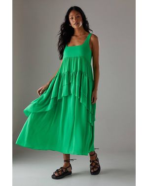 Warehouse Chiffon Ruffle Tier Smock Midi Sundress - Green