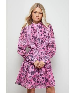 Oasis Printed Lace Detail Button Down Collarless Mini Dress - Purple