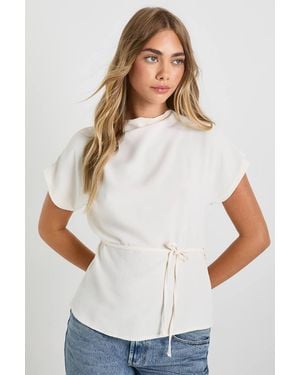 Boohoo Hammered Tie Detail High Neck Blouse - White
