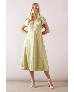Wallis Petite Satin Jacquard Pleat Detail Midi Dress - Natural