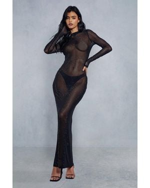 MissPap Premium Mesh Hot Fix High Long Sleeve Maxi Dress - Black