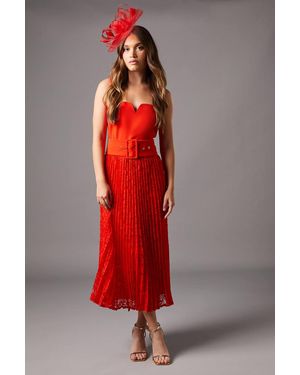 Coast Notch Neck Pleated Lace Skirt Midi Dress - Red
