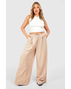 Boohoo Plus Waistband Detail Wide Leg Trouser - Natural