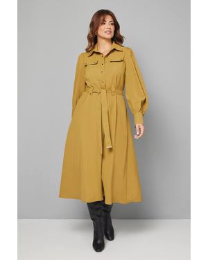 Wallis Crepe Pocket Detail Belted Midi Dress - Yellow