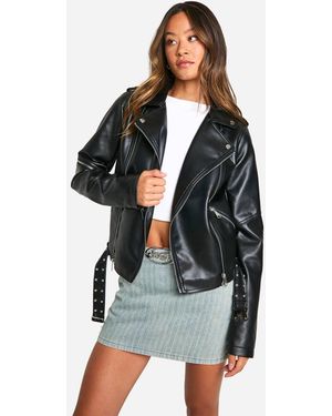 Boohoo Tall Belt Detail Faux Leather Biker Jacket - Black