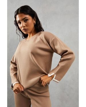 MissPap Knitted Contrast Detail Sweater & Wide Leg Trouser Set - Brown
