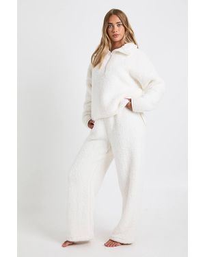 Boohoo Borg Fleece Zip-Up Sweatshirt & Pants Lounge Set - White