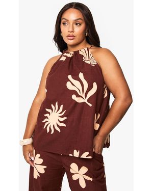 Boohoo Plus Shell Print Linen Halter Top - Red