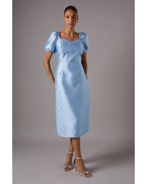 Coast Textured Fitted Midi Dress With Puff Sleeve - Blue