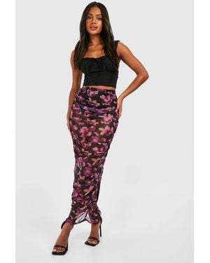Boohoo Ruched Mesh Floral Printed Maxi Skirt - Red