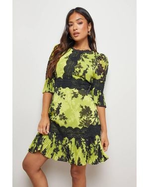 Oasis Petite Printed Lace Trim Pleated Mini Dress - Green
