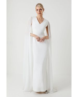 Coast V Neck Chiffon Cape Sleeve Column Wedding Dress - White