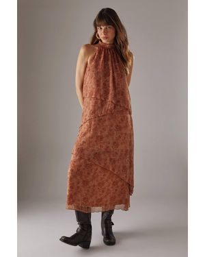 Warehouse Chiffon Halter Ruffle Layer Maxi Dress - Brown