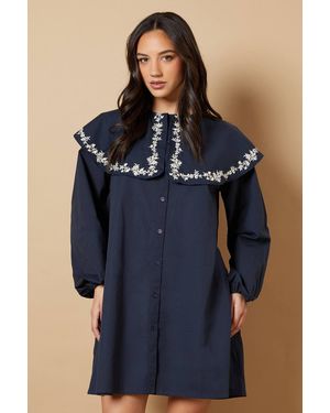 Oasis Embroidered Collar Poplin Mini Dress - Blue