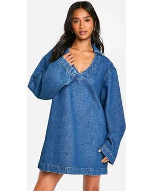 Boohoo Petite Flare Sleeve Denim Shift Dress - Blue