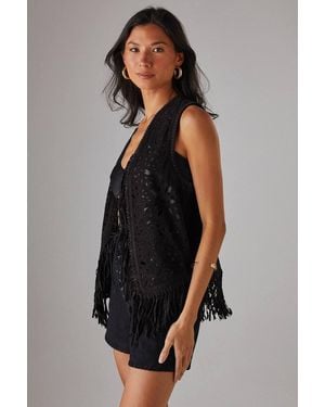 Warehouse Real Suede Fringed Waistcoat - Black