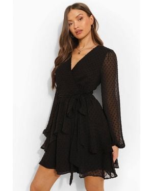 Boohoo Ruffle Hem Dobby Chiffon Mini Dress - Black