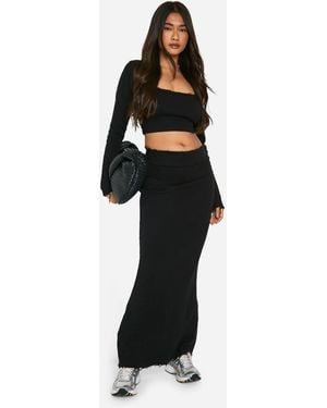 Boohoo Rib Distressed Hem Maxi Skirt - Black