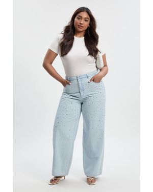 Boohoo Plus Embellished High Waist Straight Leg Jean - Blue
