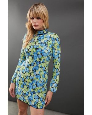 Warehouse Sequin Open Back High Neck Mini Dress - Blue