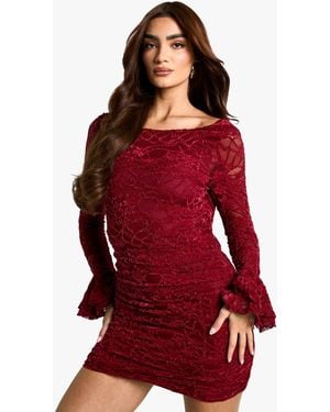 Boohoo Velvet Lace Ruffle Mini Dress - Red