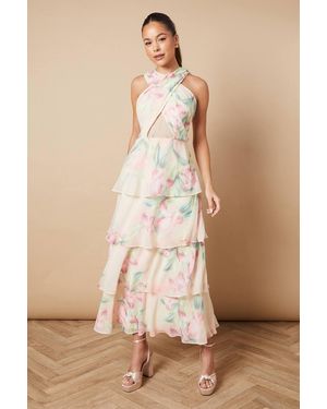 Oasis Floral Printed Halter Neck Chiffon Tiered Maxi Dress - Natural