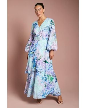 Coast Long Sleeve Chiffon Midaxi Dress With Belt - Blue